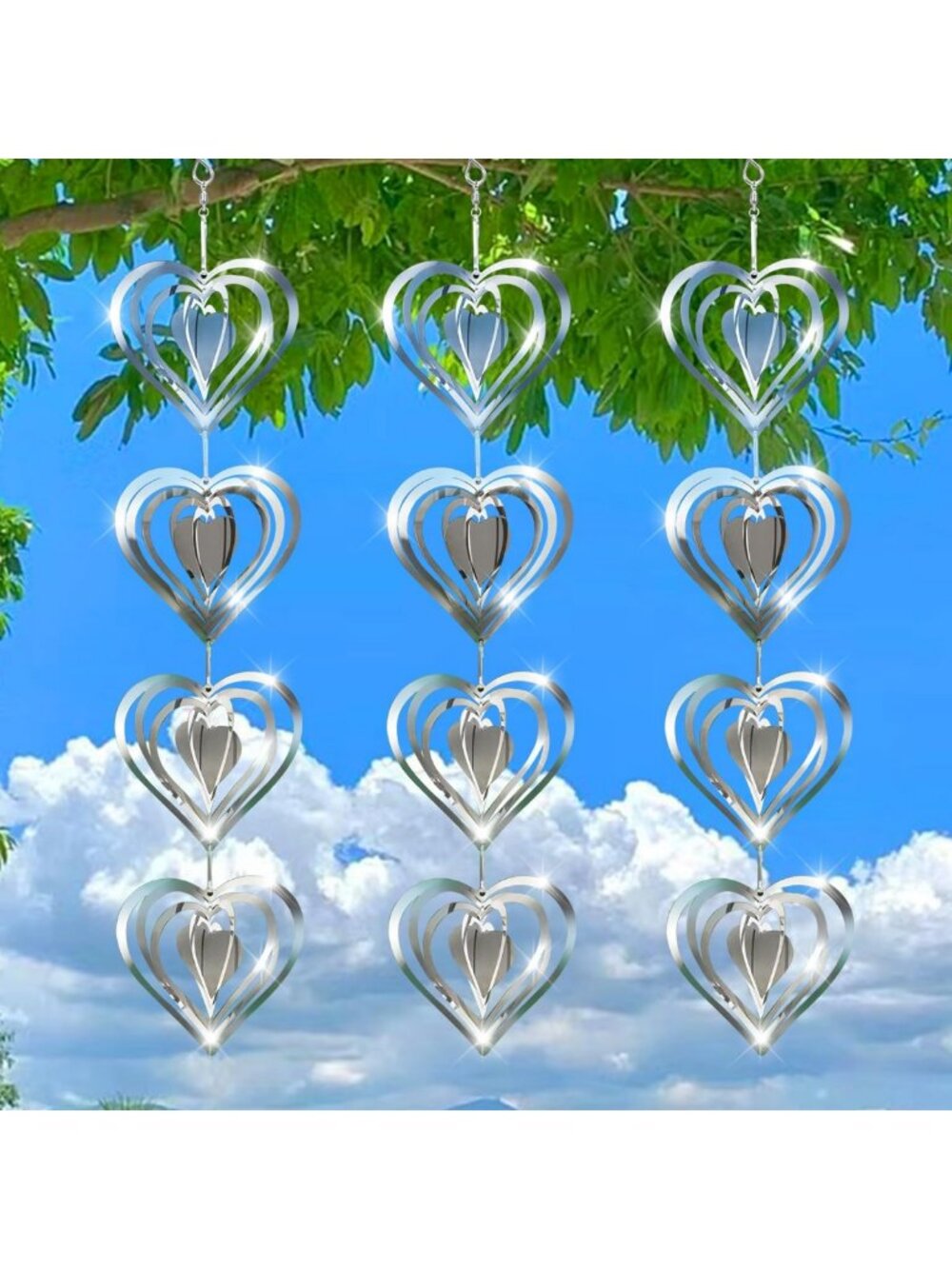 12 Metal Heart Bird Scarer Discs - 3D Wind Spinners for Garden Decor & Animal